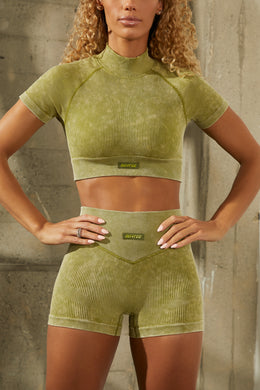 Seamless High Neck Cap Sleeve Crop Top in Olive