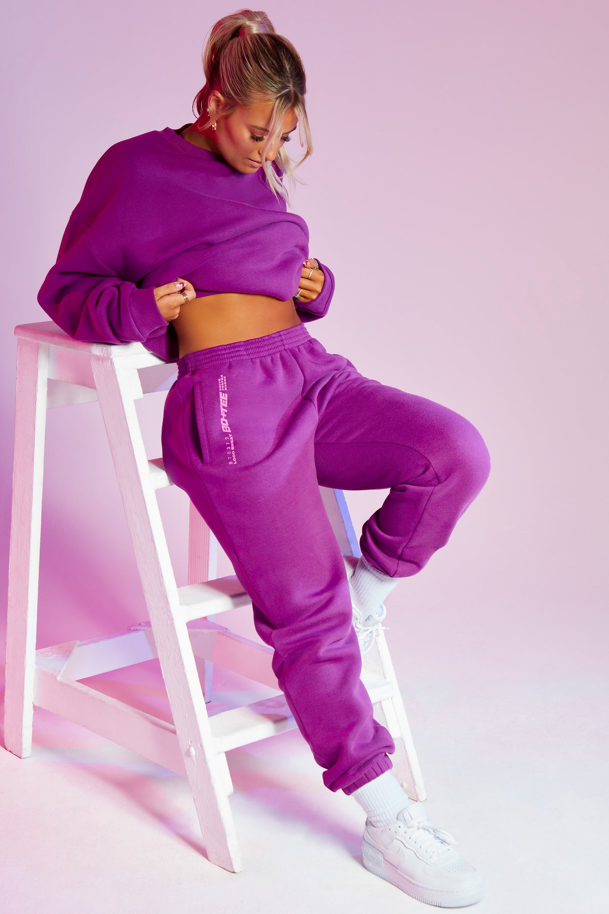 Cool Down Full Length Loose Fit Joggers With Branding in Purple