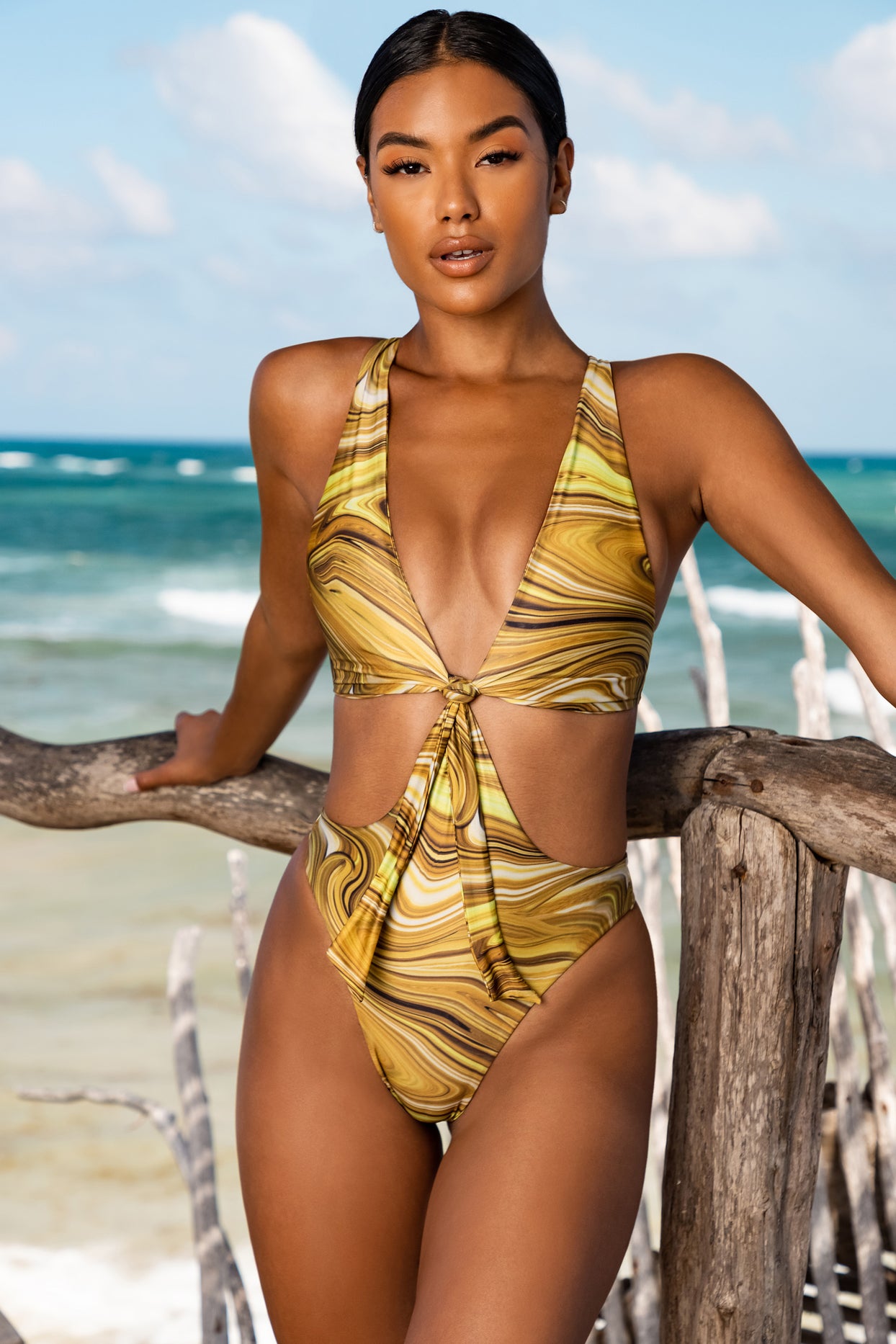 Plunge Neck Cut Out Swimsuit in Olive Print